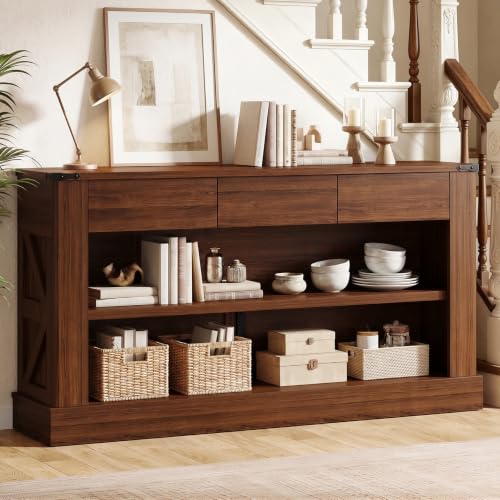 Miereirl 63" Console Table with Drawers & LED Light, Farmhouse, Walnut | Narrow Entryway Sofa Table, 3 Storage Drawers & Open Shelves, Behind Couch, Living Room Hallway Foyer - color: Walnut