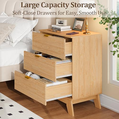 Fluted Nightstand with 3 Large Drawers, Wooden Side End Table with Elevated Legs for Easy Cleaning, Sturdy Modern Beside Table for Small Space, Bedroom, Oak, 24" L - color: Natural Oak