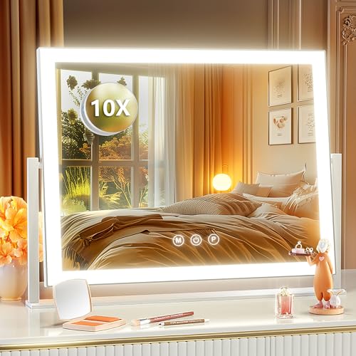 Gvnkvn Lighted Makeup Mirror, 17.3"x13" Hollywood Vanity Mirror with Led Lights, Three Color Lighting Modes, and 10X Magnification Mirror, Smart Touch Control, 360°Rotation (White, Gift Box) - color: White