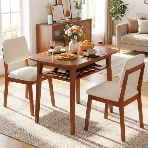 Giantex Dining Table Set for 2, Space Saving Kitchen Table and Chairs Set w/Rubber Wood Frame, Storage Rack, Padded Seats & Backrests, Dinette Set for Small Space, Apartment, Dining Room, Walnut - color: Walnut