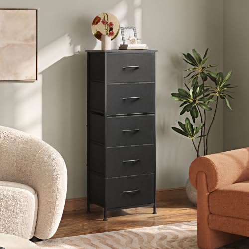 WLIVE Tall Dresser for Bedroom, 5 Drawer Dresser, Charcoal Black | 5 vertical fabric drawers, Tall vertical design, Bedroom or closet use, Dresser for small spaces, Chest of drawers - color: Charcoal Black