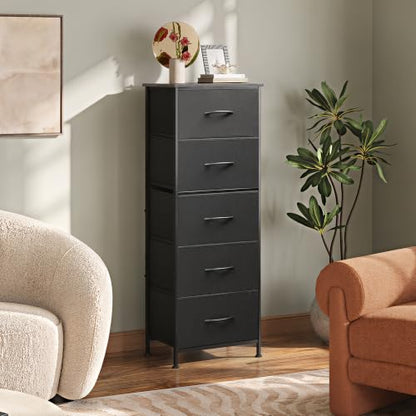 WLIVE Tall Dresser for Bedroom, 5 Drawer Dresser, Charcoal Black | 5 vertical fabric drawers, Tall vertical design, Bedroom or closet use, Dresser for small spaces, Chest of drawers - color: Charcoal Black