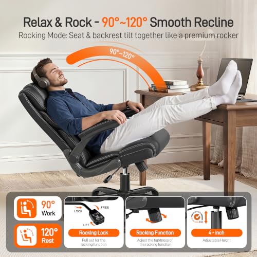 Office Chair, Executive Mid-Back Computer Desk Chair with Flip-up Armrests | 300 Lbs Ergonomic Leather Swivel PC Chair with Rock Function for Working Studying (Black) - color: Black