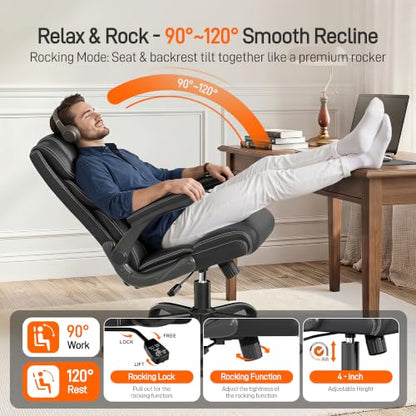 Office Chair, Executive Mid-Back Computer Desk Chair with Flip-up Armrests | 300 Lbs Ergonomic Leather Swivel PC Chair with Rock Function for Working Studying (Black) - color: Black