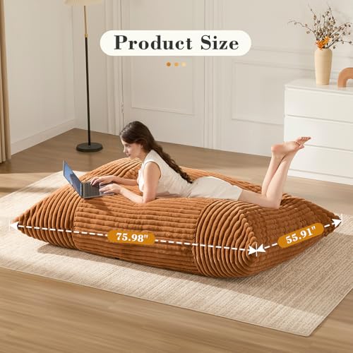 3-in-1 Giant Bean Bag Chair for Adults & Kid, Convertible Floor Sofa to Mattress, High-Density Foam Chair Bed with Washable Cover, Multi Functional Lounge Couch for Bedroom, Living Room (Orange)
