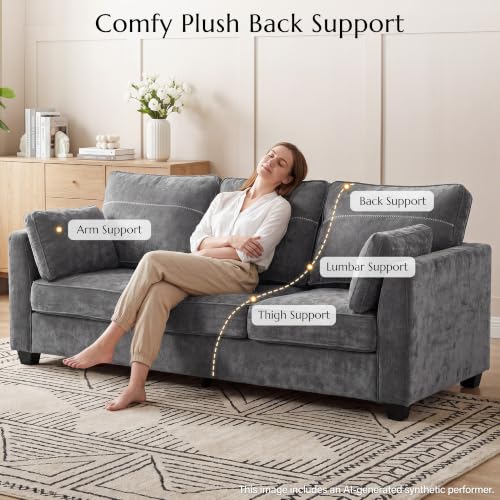89" Sofa, Chenille 3-Seater Sofa with 2 Pillows, Grey | Easy Assembly, Pocket Spring Cushions, Comfy Modern Small Couch for Living Room, Bedroom, Apartment, Office - color: Grey, size: 89" 3-Seater Sofa