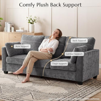 89" Sofa, Chenille 3-Seater Sofa with 2 Pillows, Grey | Easy Assembly, Pocket Spring Cushions, Comfy Modern Small Couch for Living Room, Bedroom, Apartment, Office - color: Grey, size: 89" 3-Seater Sofa