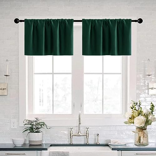 XTMYI Green Valances for Windows,Waterproof Rod Pocket Blackout Dark Emerald Green Christmas Curtains for Kitchen,16 Inch Length,Hunter Forest Green - color: Dark Green, size: 30"W x 16"L (Pack of 2)