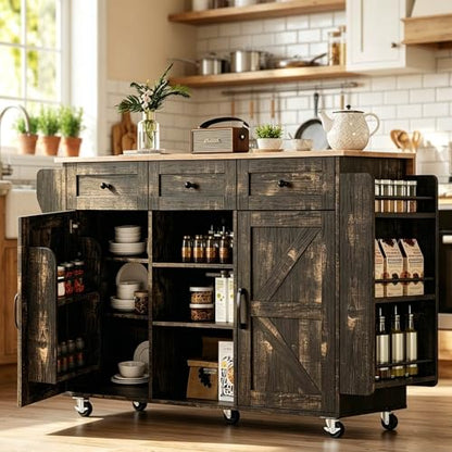 VINGLI 52" W Kitchen Island with Storage and Drop Leaf, Black & Gold | Farmhouse Rolling Cart with 3 Drawers, 2 Barn Doors, Adjustable Shelves, Side Rack and Locking Wheels - color: Black & Gold