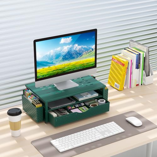 gianotter Desk Organizers and Accessories, Monitor Stand with Drawer and 2 Pen Holder, Desktop Organizer Suitable for Offices and Dormitories (Green) - color: Green-Ventilated
