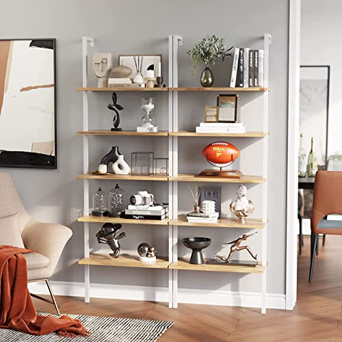 Industrial Bookcase Ladder Shelf, 5-Tier Wall Mounted Bookshelf Open Display Rack, Wood Storage Shelves for Bedroom, Home Office, Collection, Entryway and Hallway, Walnut
