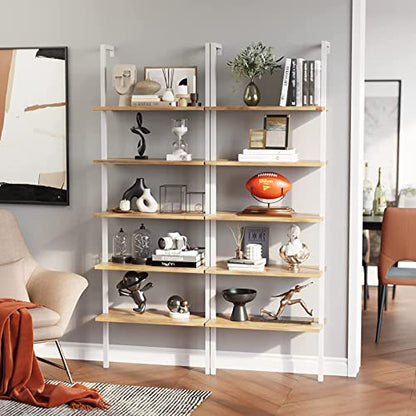Industrial Bookcase Ladder Shelf, 5-Tier Wall Mounted Bookshelf Open Display Rack, Wood Storage Shelves for Bedroom, Home Office, Collection, Entryway and Hallway, Walnut