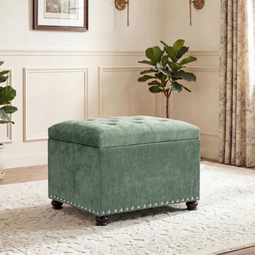 24" Storage Ottoman,Tufted Upholstered Fabric Ottoman Bench | Hidden Storage,Foot Rest Stool for Living Room Bedroom Entryway,Nailhead Trim,Wooden Legs,400 lbs Capacity - color: Green