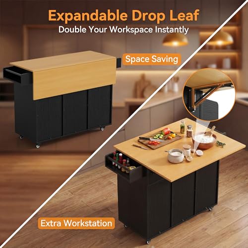 YESHOMY 56" Kitchen Island with Trash Can Storage, Drop Leaf Kitchen Island with Storage, 2 Drawers, 5 Wheels, Spice Rack & Towel Holder, Black and Yellow Oak - color: Black and Yellow Oak
