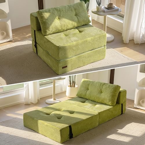 MAXYOYO Folding Sofa Bed, Convertible Chair Bed with Pillow | Portable 4 in 1 Fold Out Chair to Floor Bed, Versatile Floor Sofa Couch for Living Room Bedroom, Green, Single - color: Green, size: Single