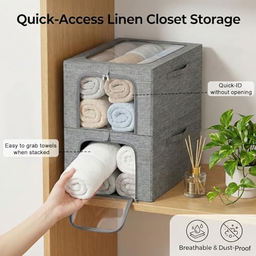 GoMaihe Baby Clothes Storage Bins with Metal Frame 27L 6-Pack Grey | Kids Toddler Child Clothing & Towels Small Items, Closet Top Shelf Boxes, Collapse-Proof Stackable, Clear Window Dual Access - color: Gray, size: 27L