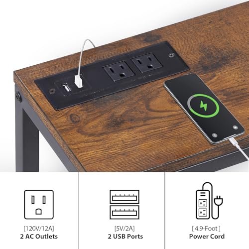 Nouva 70 Inch Narrow Console Table with Outlet, Sofa Table with Charging Station, Behind Couch Table with Metal Frame for Living Room, Rustic Brown