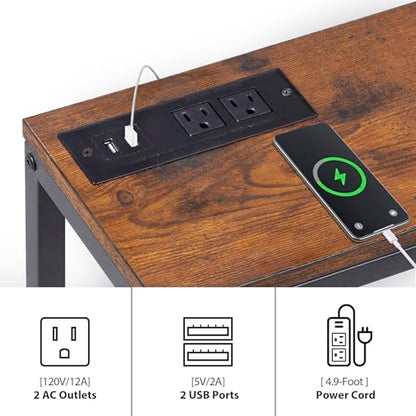 Nouva 70 Inch Narrow Console Table with Outlet, Sofa Table with Charging Station, Behind Couch Table with Metal Frame for Living Room, Rustic Brown