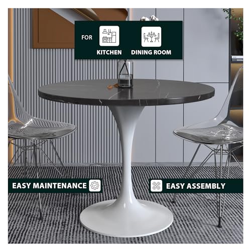 LeisureMod Verve Modern Dining Table with a 36" Round Sintered Stone Tabletop and White Steel Pedestal Base for Kitchen and Dining Room, Black - color: Black Stone, size: 36 inch Wide