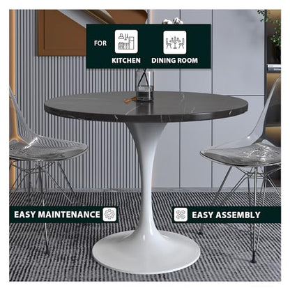 LeisureMod Verve Modern Dining Table with a 36" Round Sintered Stone Tabletop and White Steel Pedestal Base for Kitchen and Dining Room, Black - color: Black Stone, size: 36 inch Wide