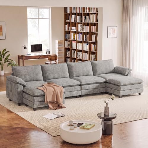Homall 158.6" U-Shaped Cloud Couch, Modular Sectional Sofa for Living Room | Soft Chenille, 2 Movable Ottoman, Double Layer Cushion, 4 Seat, Sturdy Frame, High-Density Foam, Easy Assembly, Light Grey - color: Light Grey, size: U Shaped Sofa