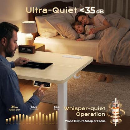 Huuger 전원 콘센트 및 USB-C 포트가 있는 전기 스탠딩 데스크, 139.9 x 61cm(55 x 24인치) 높이 조절 가능한 책상, 홈 오피스, 컴퓨터 및 게이밍 책상용 앉은 스탠드 데스크, 4개의 프리셋, 안정적인 스틸 프레임, Marple - color: Marple, size: 55.1 x 23.6 inch