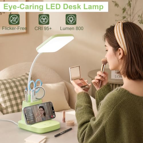 LED Desk Lamp with 10W Wireless Charging & Pen Holder, Light Green | CRI 95, 800LM, Stepless Dimming, 3 Modes, 360°Flexible Arm, Touch, Study Table Lamp for Home Office, Dorm Room, with Adapter - color: Green