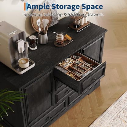 GarveeHome 47" Farmhouse Sideboard Buffet Cabinet,Sideboard Storage Credenza with 5 Drawers and 2 Doors,Wood Coffee Bar Cabinet,Buffet Table for Dining Room Living Room,Black01 - color: Black01
