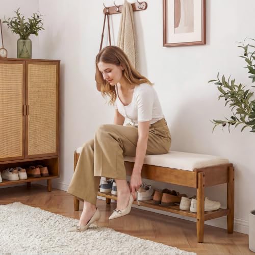YEPDIN 2 Tier Shoe Rack Bench with Flip-Top Storage,39.3" Solid Wood Shoe Rack Bench with Chenille Cushion,for Entryway, Hallway,Living Room, Bedroom, Closet - color: Light