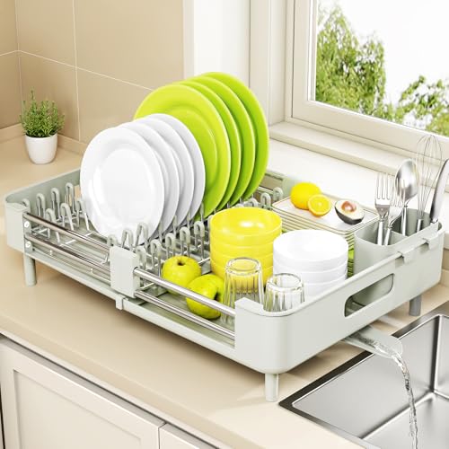 Urackify Extendable Stainless Dish Drying Rack for Kitchen Counter | 13.78"W x 18.7"L, Foldable Drainboard for Space Saving, Knife and Utensil Holder, Fast-draining Spout, Soft Celery Green - color: Soft Celery Green