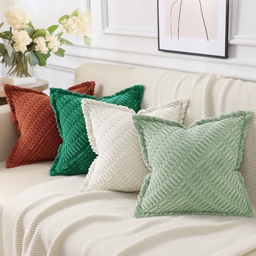 decorUhome Decorative Cream White Throw Pillow Covers 18x18 Set of 2 with Splicing, Boho Soft Corduroy Broadside Twill Spring Pillow Covers for Couch Bed Sofa Living Room | Boho Decorative Soft Broadside Twill Accent Modern Farmhouse Neutral Pillow Covers
