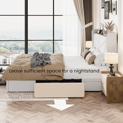 SHA CERLIN King Bed Frame, Storage Headboard with Drawers, Charging, White | Velvet Upholstered Bed, Modern Wingback Headboard, 3 Drawers, USB Charging Station, No Box Spring Needed, Easy Assembly - color: White, size: King
