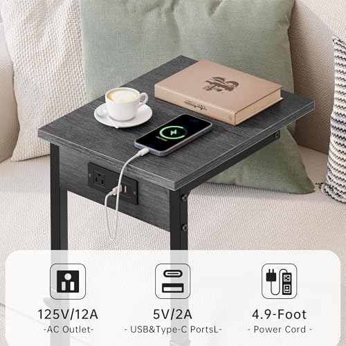 C Shaped End Table with Charging Station, 33" Tall Side Table for Couch, Adjustable Height C Table End Table, Couch Table Slide Under Sofa Table TV Tray Table for Living Room, Gray Walnut - color: Gray Walnut, style: Charging Station