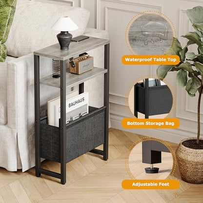 Narrow Side Table, Slim End Table with Magazine Rack, Skinny Bedside Table for Small Spaces, 3 Tier Sofa Couch Table Nightstand for Living Room, Bedroom,Oak Grey LET503Q - color: Oak Grey, style: No Charging Station