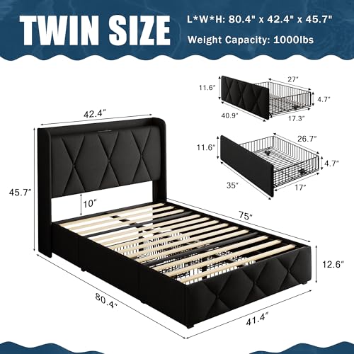 GalnFu Twin Bed Frame with 4 Large Storage Drawers, Upholstered Platform Bed with Charging Station, Modern Wingback Storage Headboard, Easy Assembly,Noise-Free, Black - color: Black, size: Twin