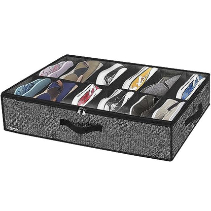 Onlyeasy Under Bed Shoe Storage Organizer with Sturdy Handles and Clear Window 1 Pack Fits 12 Pairs, Premium Foldable Underbed Shoes Container Box for Closet, Linen-like Black, MXAUBSB1P - color: Linen-like Black 1 Shoes (12 Cells)