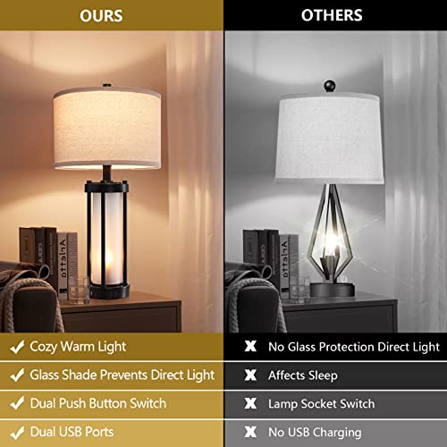 RORIA Set of 2 Modern Table Lamps for Living Room with 2 USB Ports, White Frosted Glass Nightlight for Bedroom, Contemporary Desk Lamps for Nightstand End Table Entryway, 4 Bulbs Included (Black) | 2 USB Ports White Frosted Glass Nightlight for Bedroom, D