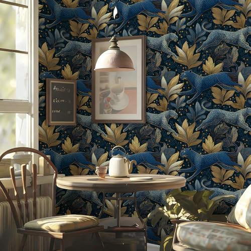 Stickorama Luxury Retro Blue Cheetah Peel and Stick Wallpaper Self Adhesive Removable Waterproof 17.72" x 118.1'' Gilded Leaf Mural Renter Friendly for Bedroom Living Room Study - color: WZ-HU0041-3, size: 17.7" x 118.1"