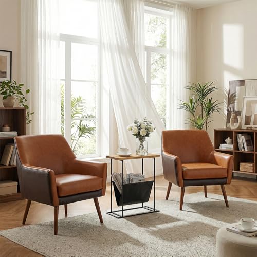 MyGift 21-Inch Modern Narrow Living Room End Table with Solid Burnt Wood Tabletop and Black Metal Frame, Bedroom Nightstand Side Table with Magazine Holder Sling