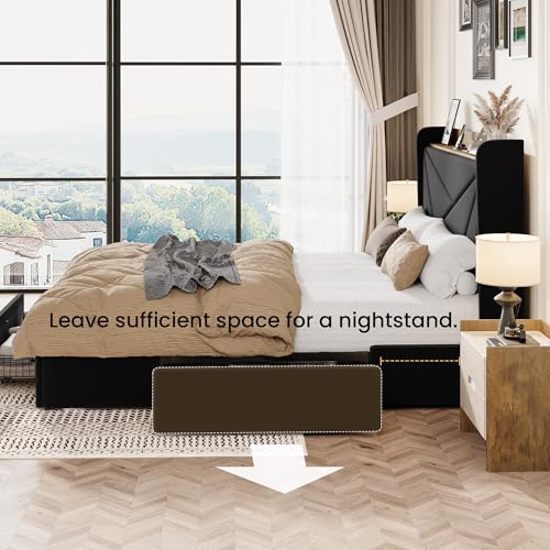 SHA CERLIN Queen Bed Frame, Storage Headboard with Drawers, Charging, Black | Velvet Upholstered Bed, Modern Wingback Headboard, 3 Drawers, USB Charging Station, No Box Spring Needed, Easy Assembly - color: Black, size: Queen
