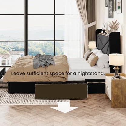 SHA CERLIN Queen Bed Frame, Storage Headboard with Drawers, Charging, Black | Velvet Upholstered Bed, Modern Wingback Headboard, 3 Drawers, USB Charging Station, No Box Spring Needed, Easy Assembly - color: Black, size: Queen