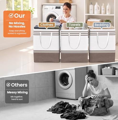 TranquilRelax 3-Pack Laundry Basket, Laundry Hamper, Khaki-125L | Freestanding＆Water-Resistant Laundry Hamper, Collapsible Tall Clothes Hamper with Carry Handles for Clothes, Laundry Basket - color: Khaki, size: 125L