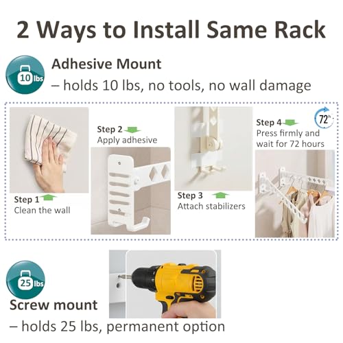 Wall Mounted Drying Rack, 8-Hole Clothes Rack Laundry Room, White | 8 Hanger Holes, No-Slide Design, Click-Stop Hinge 4 Angles, Rustproof Steel, Folds Flat 3.5cm, for Bathroom Balcony RV - size: 14 Inches - 2 Packs