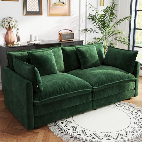 76.7 Inch Modular Sectional Cloud Sofa, 2-Seat Chenille Green | Chenille Deep Seat Sofa with Pillow for Living Room, Bedroom and Apartment - color: Green, size: 76.7 inch-Straight