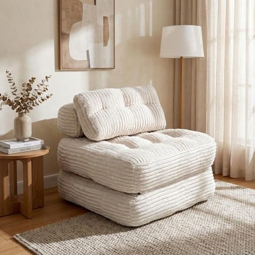 Boneless Chair Folding Sofa Bed, Sleeper Chair, Beige, Single | Fold Out Chair Bed, Portable with Pillow, Back Support, For living Room Bedroom, Comfy Mattress for Adults - color: Beige, size: Single