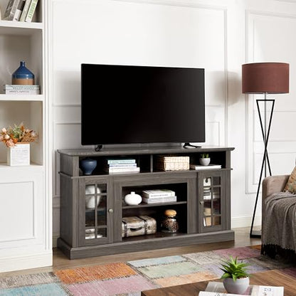 Dark Walnut TV Stand 58 in with Glass Doors, Wood Entertainment Center for TVs up to 65 inch, Tall Media Console with Adjustable Shelves and Cable Management for Living Room, Black Accents - color: Black + Dark Walnut