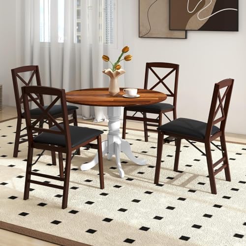COSTWAY Round Dining Table for 4, 39 inch Kitchen Table with Solid Rubber Wood Frame, Adjustable Foot Pads, Curved Trestle Legs, Mid Century Rustic Dinning Table for Living Room (Walnut+White) | Adjustable Foot Pads, Curved Trestle Legs, Mid Century Rusti