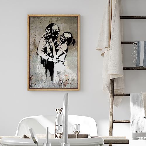 wall26 Framed Canvas Print Wall Art Banksy British Artist Deep Sea Diver Lovers Spray Paint Graffiti & Street Art Urban Illustration Modern Art Boho for Living Room, Bedroom, Office - 16"x24" Natural - color: A12-2204-ma0511, size: 24"L x 16"W