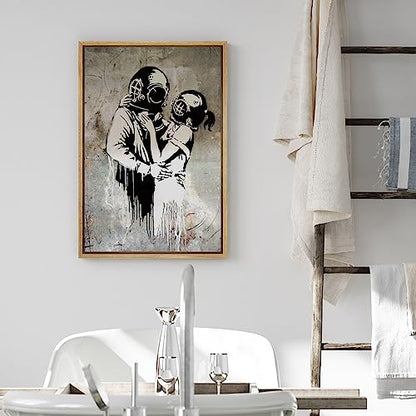 wall26 Framed Canvas Print Wall Art Banksy British Artist Deep Sea Diver Lovers Spray Paint Graffiti & Street Art Urban Illustration Modern Art Boho for Living Room, Bedroom, Office - 16"x24" Natural - color: A12-2204-ma0511, size: 24"L x 16"W