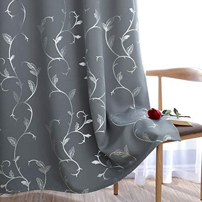 BUHUA Striped Wave Vine Print Blackout Curtains Thermal Insulated Grommet Top Window Curtains for Bedroom 52W×63L Light Grey 2 Panels - color: Light Grey, size: 52"W x 63"L (Pack of 2)